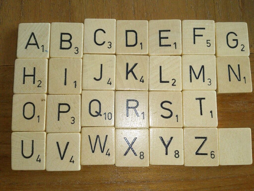Wooden letter tiles arranged in alphabetical order from A to Z