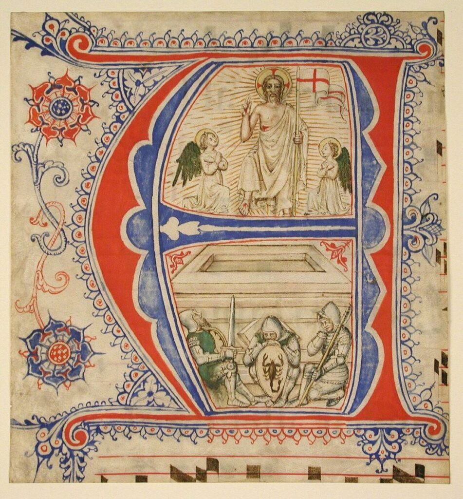 Medieval manuscript leaf with an illuminated initial and blackletter text